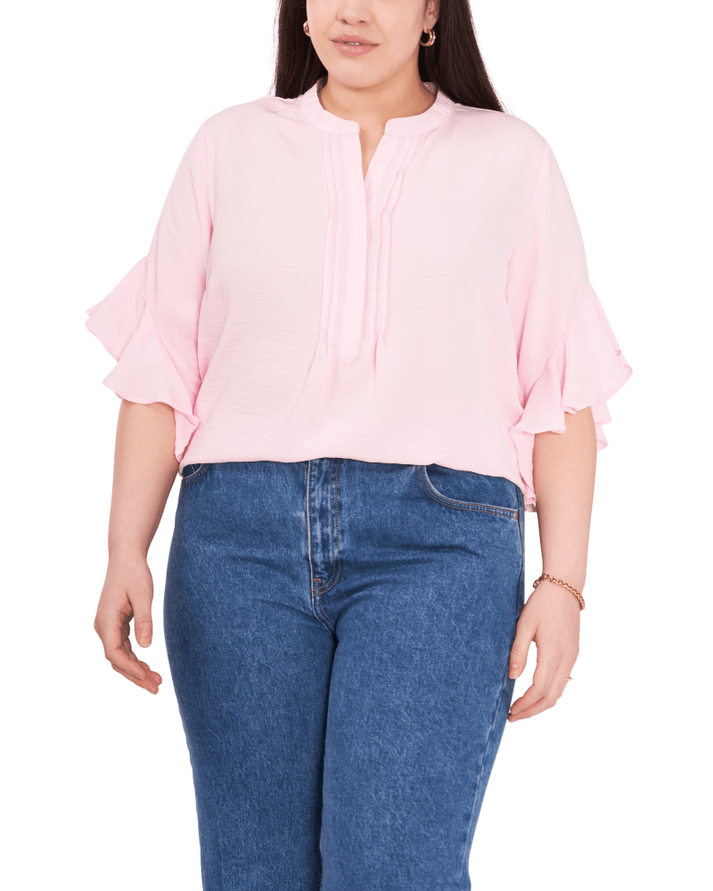 Front of a model wearing a size 1X Aubrey Ruffle Sleeve Blouse in PINK HORIZ by Vince Camuto. | dia_product_style_image_id:261137